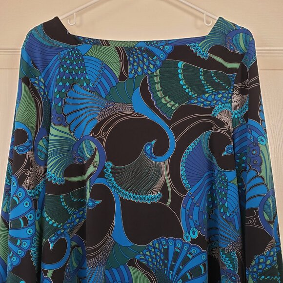 Chicos Colorful Blue Peacock Square Boat Neck Popover Blouse Chicos 2 US Size L - Picture 2 of 7